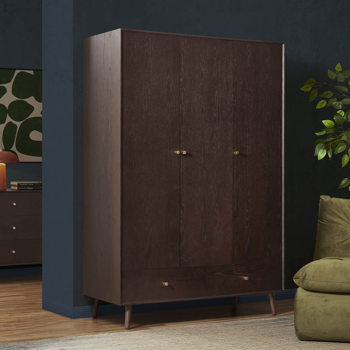 Armoire 3 portes en chêne avec tiroirs - Noyer