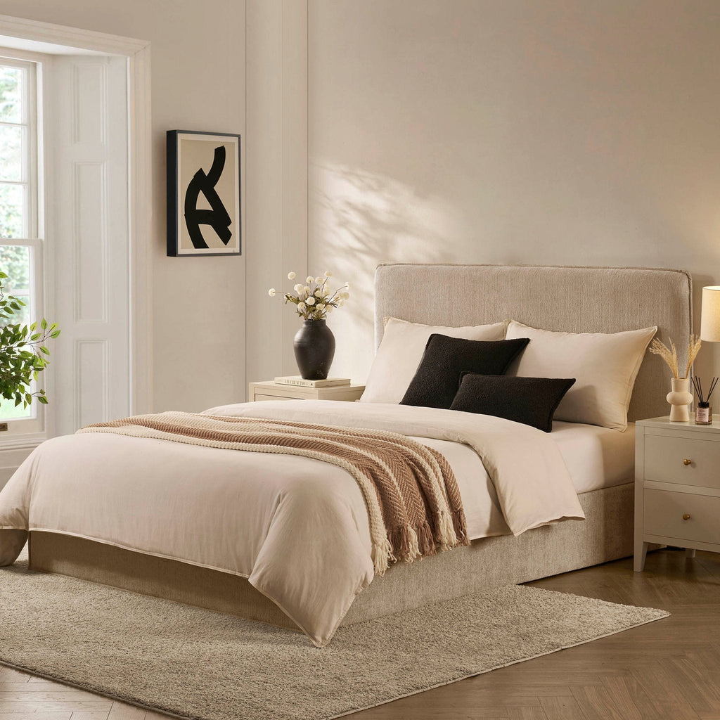 Lit coffre - Tissu texturé couleur avoine