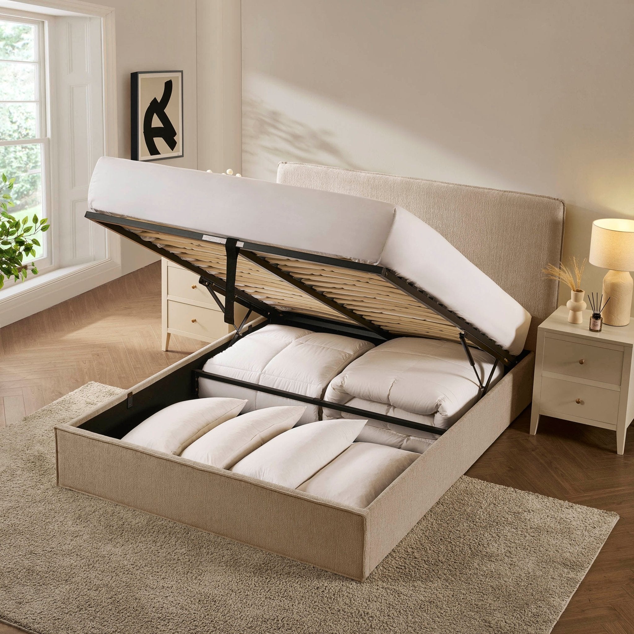 Lit coffre - Tissu texturé couleur avoine