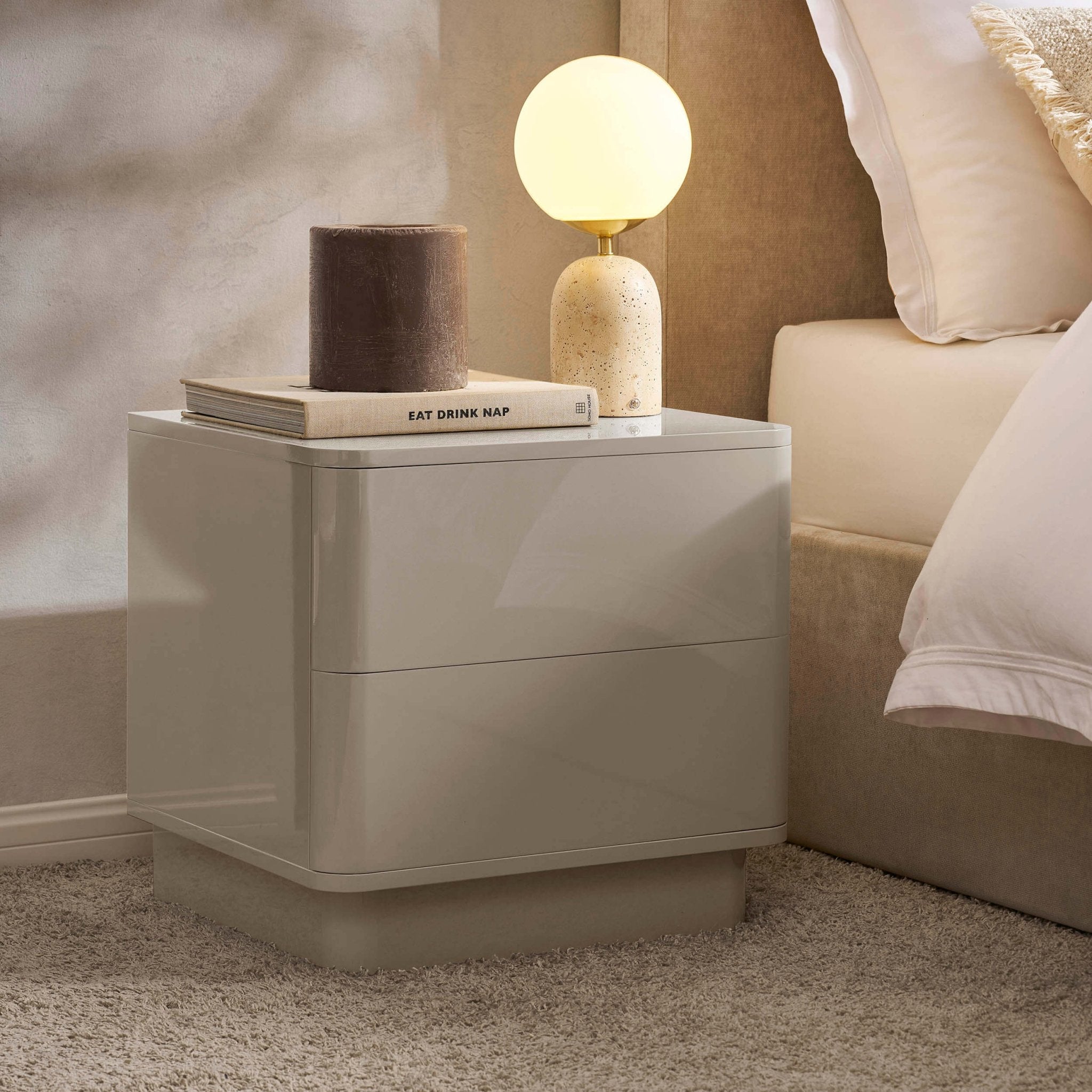 Table de chevet brillante 2 tiroirs - Taupe