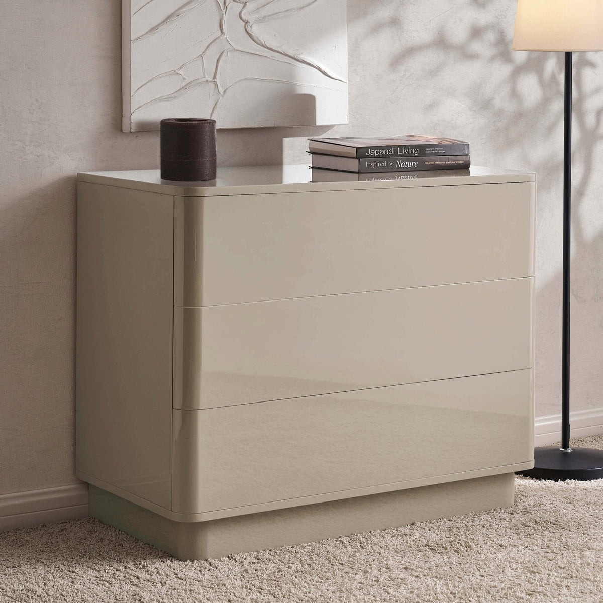 Commode haute brillance à 3 tiroirs - Taupe