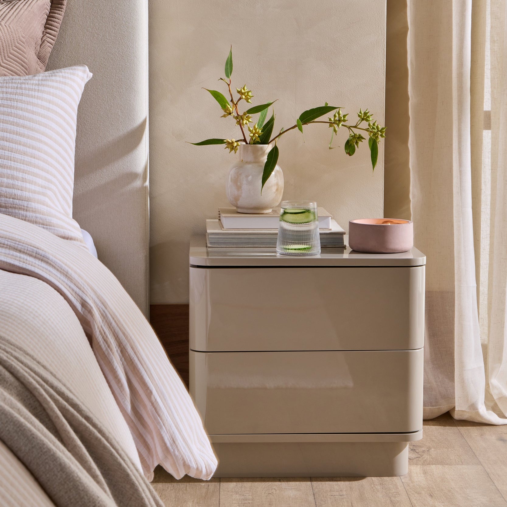 Table de chevet brillante 2 tiroirs - Taupe